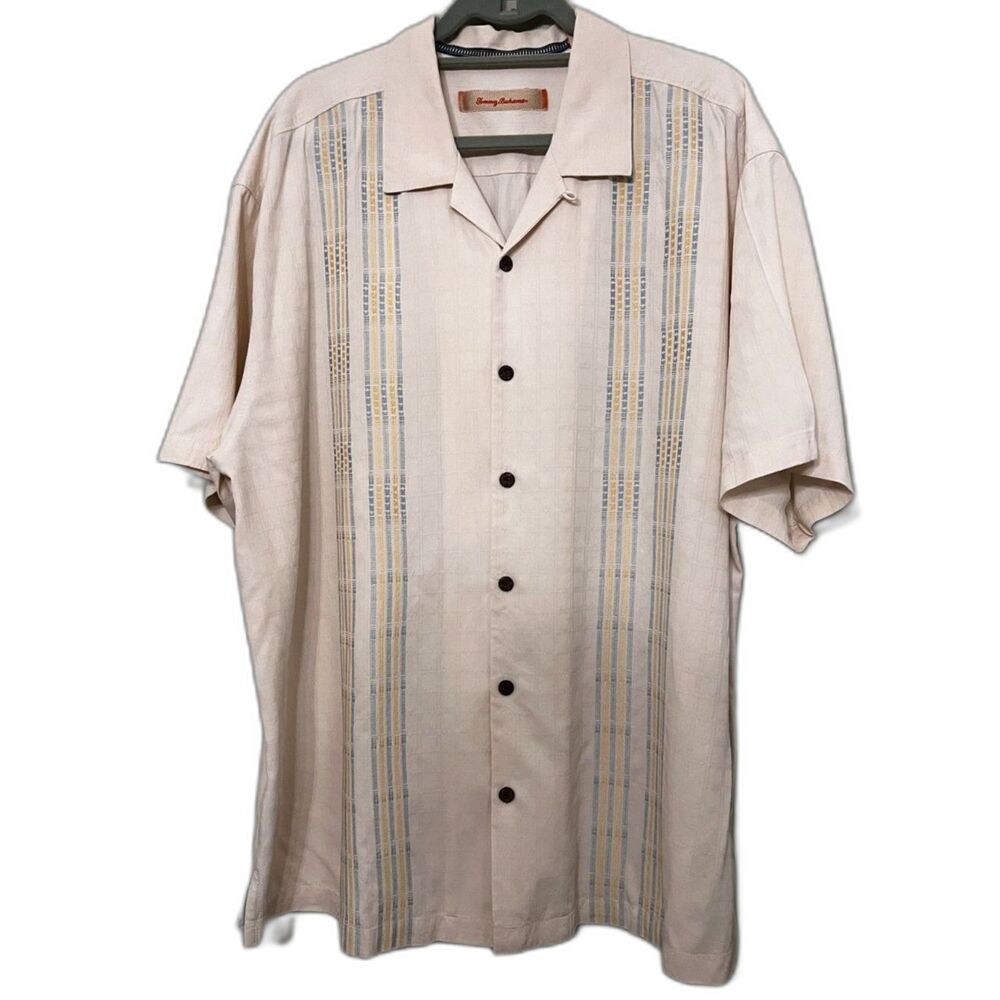 Tommy Bahama 100% Silk Beige Button Down Shirt with Cross stitch Pattern 2XL